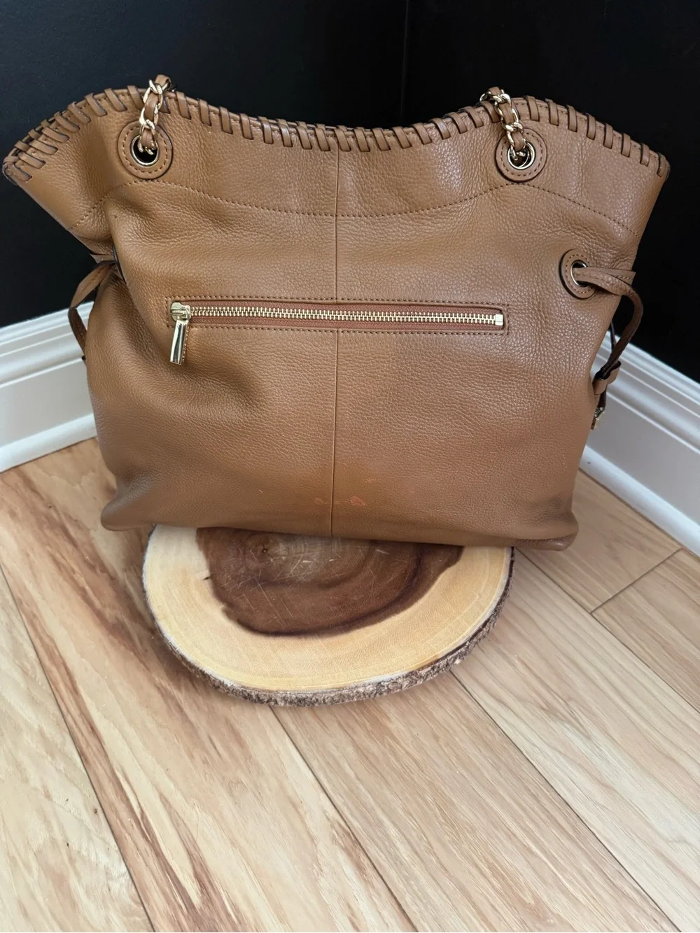 Tory Burch Tan Whipstitch Leather Shoulder Bag with Chain Straps